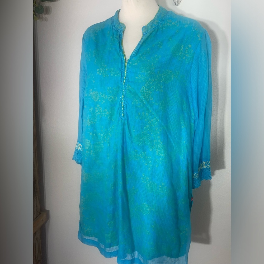 BIBA Indian Kurta Turquoise Embroidered Sequin Kurta Tunic Women Size 42 Cotton